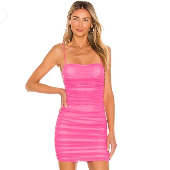 NWT Superdown Emmie Mesh Mini Dress Hot Pink Ruched Mesh Bodycon Revolve Sz M - Picture 2 of 10